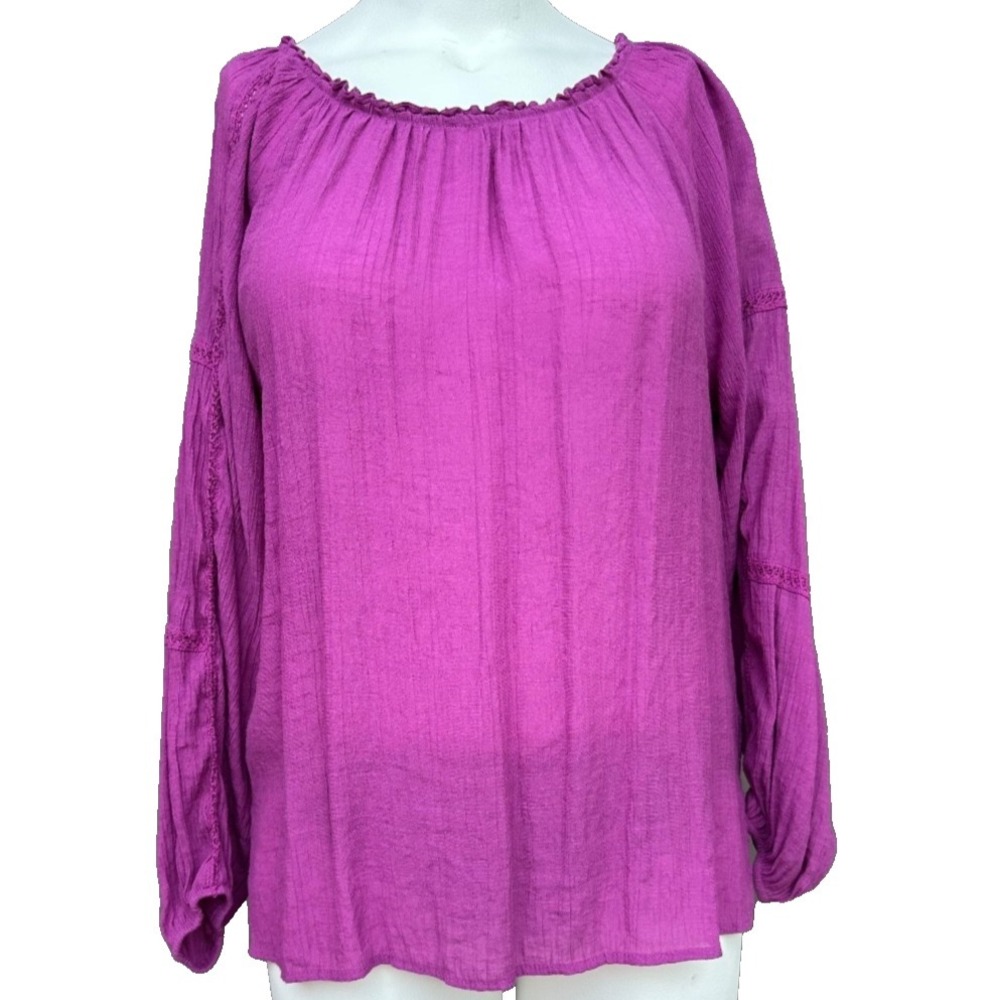 Counterparts Boho Peasant Top L Purple Shirred Neck Drop Sleeve Lightweight Wild